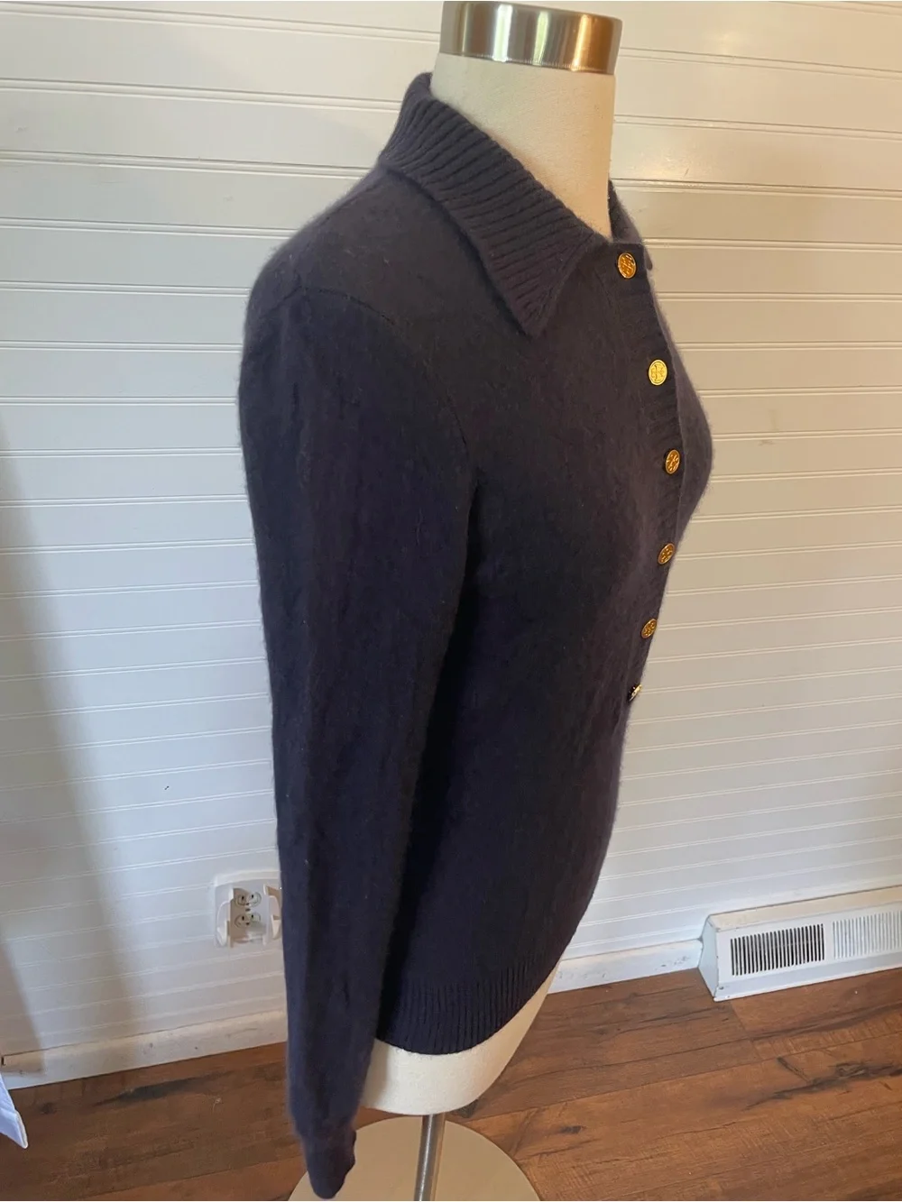 Tory Burch 100% Cashmere Polo Collared Sweater Size Small Gold Logo Buttons